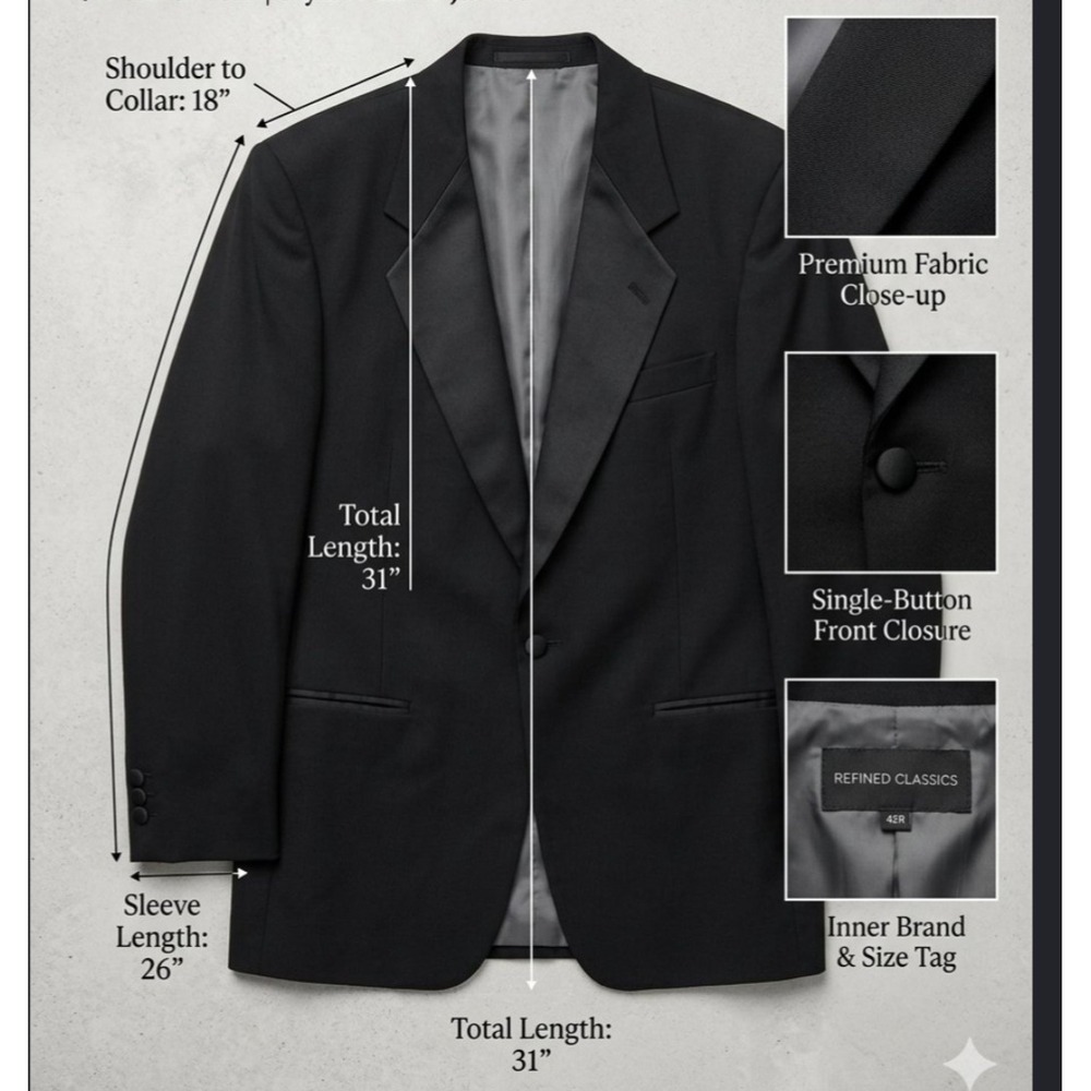 Firenze Mens Black Single Button Tuxedo Jacket Satin Peak Lapel Blazer 42R USA